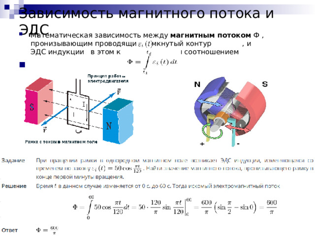 Зависимость магнитного потока и ЭДС   Математическая зависимость между  магнитным потоком  Ф , пронизывающим проводящий замкнутый контур , и ЭДС индукции   в этом контуре задается соотношением    