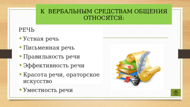 К ВЕРБАЛЬНЫМ СРЕДСТВАМ ОБЩЕНИЯ ОТНОСЯТСЯ: РЕЧЬ Устная речь Письменная речь Правильность речи Эффективность речи Красота речи, ораторское искусство Уместность речи 