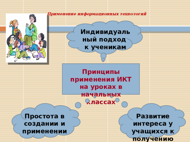  Применение информационных технологий   Индивидуальный подход к ученикам Принципы применения ИКТ на уроках в начальных классах Простота в создании и применении Развитие интереса у учащихся к получению знаний 