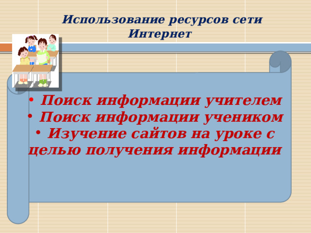  Использование ресурсов сети Интернет  Поиск информации учителем  Поиск информации учеником  Изучение сайтов на уроке с целью получения информации  