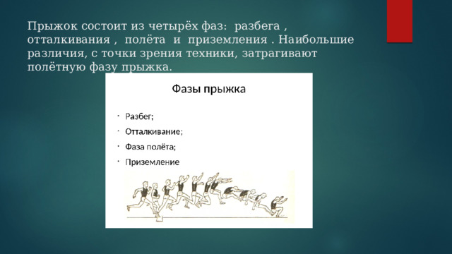 Прыжок состоит из четырёх фаз: разбега , отталкивания , полёта и приземления . Наибольшие различия, с точки зрения техники, затрагивают полётную фазу прыжка. 