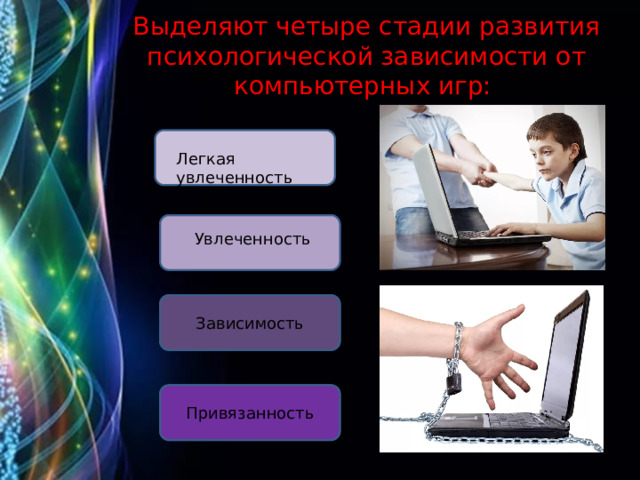 Выделяют четыре стадии развития психологической зависимости от компьютерных игр:   Легкая увлеченность Увлеченность Зависимость Привязанность 