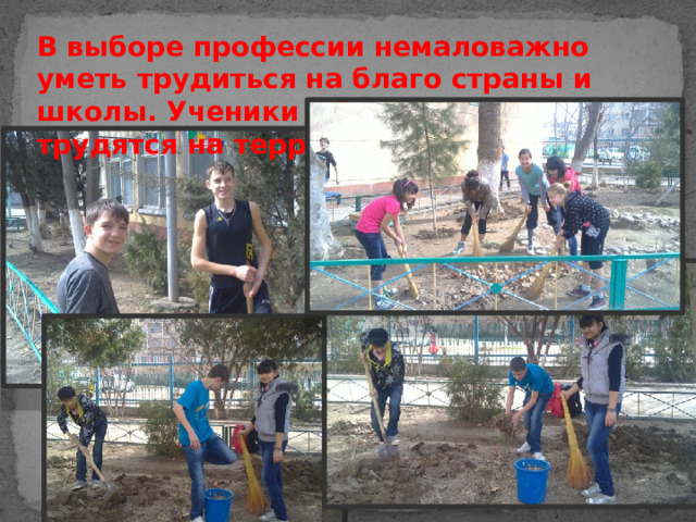 В выборе профессии немаловажно уметь трудиться на благо страны и школы. Ученики с большим желанием трудятся на территории школы. 