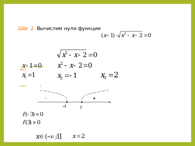 Шаг 2.  Вычислим нули функции -1; 1; 2 - нули функции Шаг 3.      Ответ: и  