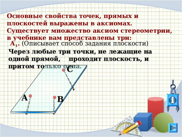 Основные свойства точек, прямых и плоскостей выражены в аксиомах. Существует множество аксиом стереометрии, в учебнике вам представлены три:  А 1 . (Описывает способ задания плоскости) Через любые три точки, не лежащие на одной прямой, проходит плоскость, и притом только одна. C На кнопку « i » можно нажать несколько раз. A B 8 