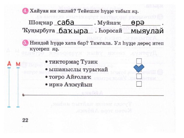   саба    өрә    баҡыра    мыяулай  