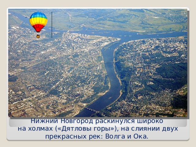 Нижний Новгород раскинулся широко  на холмах («Дятловы горы»), на слиянии двух прекрасных рек: Волга и Ока. 
