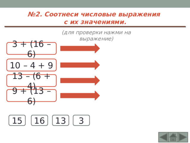 № 2. Соотнеси числовые выражения с их значениями. (для проверки нажми на выражение) 3 + (16 – 6) 10 – 4 + 9 13 – (6 + 4) 9 + (13 – 6) 13 15 3 16 