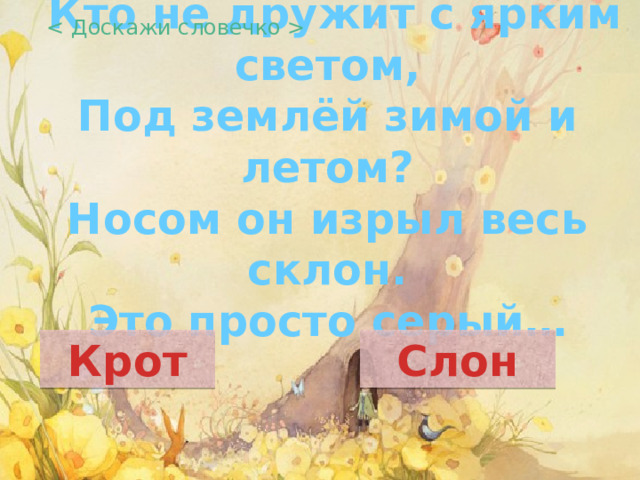    Кто не дружит с ярким светом,  Под землёй зимой и летом?  Носом он изрыл весь склон.  Это просто серый…   Крот Слон 