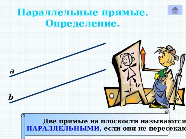 Параллельные прямые. Определение. а b Две прямые на плоскости называются ПАРАЛЛЕЛЬНЫМИ , если они не пересекаются. 