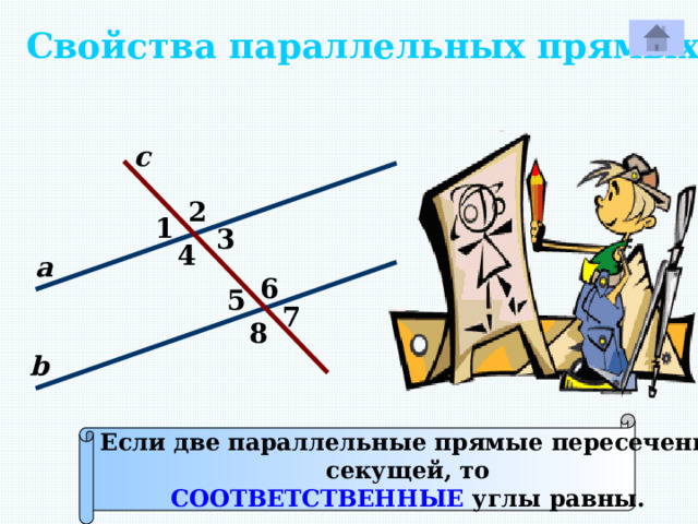 Свойства параллельных прямых. с 2 1 3 4 а 6 5 7 Р 8 b Если две параллельные прямые пересечены секущей, то СООТВЕТСТВЕННЫЕ углы равны. 