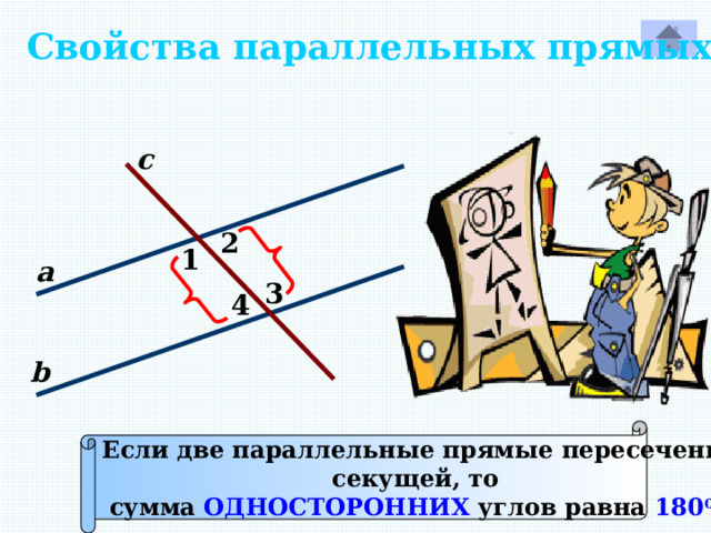 Свойства параллельных прямых. с 2 1 а 3 4 Р b Если две параллельные прямые пересечены секущей, то сумма ОДНОСТОРОННИХ углов равна 180 0 . 