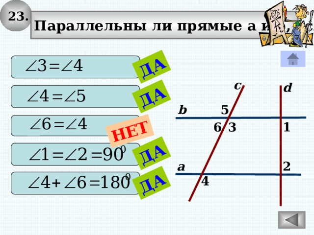 23. ДА ДА ДА ДА НЕТ Параллельны ли прямые а и b, если  с d  5 b  6 3 1  а 2 4  