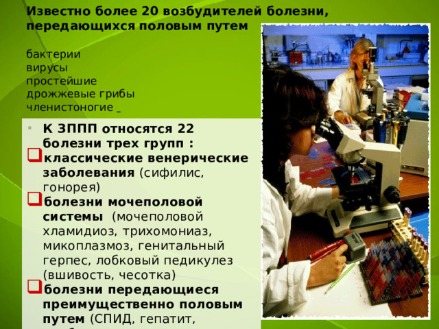 Известно более 20 возбудителей болезни, передающихся половым путем   бактерии  вирусы  простейшие  дрожжевые грибы  членистоногие     К ЗППП относятся 22 болезни трех групп : классические венерические заболевания (сифилис, гонорея) болезни мочеполовой системы (мочеполовой хламидиоз, трихомониаз, микоплазмоз, генитальный герпес, лобковый педикулез (вшивость, чесотка) болезни передающиеся преимущественно половым путем (СПИД, гепатит, лямблиоз, сепсис новорожденных) 