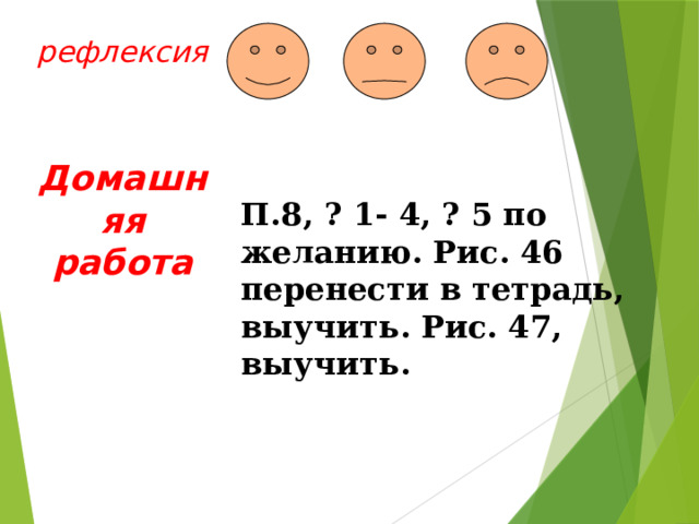 рефлексия Домашняя  работа П.8, ? 1- 4, ? 5 по желанию. Рис. 46 перенести в тетрадь, выучить. Рис. 47, выучить. Рефлексия и домашняя работа  