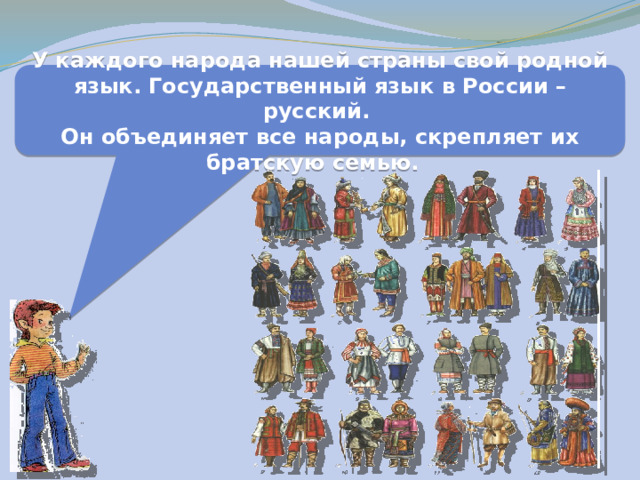 У каждого народа нашей страны свой родной язык. Государственный язык в России – русский. Он объединяет все народы, скрепляет их братскую семью. 