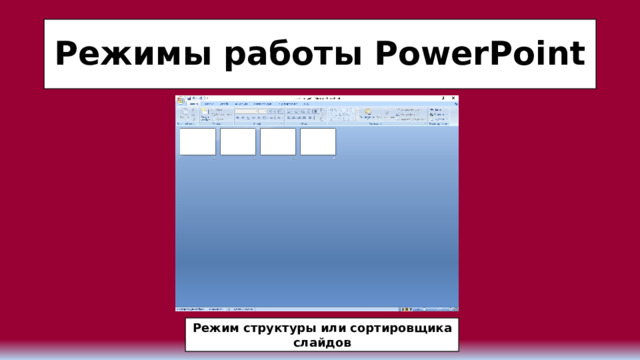 Режимы работы PowerPoint Режим структуры или сортировщика слайдов 