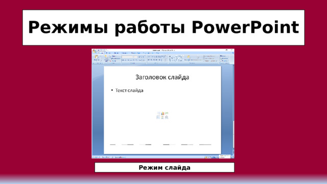 Режимы работы PowerPoint Режим слайда 