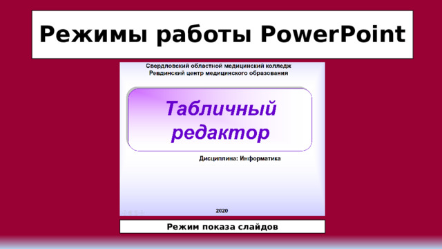 Режимы работы PowerPoint Режим показа слайдов 