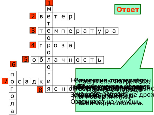 1 м Ответ р е в т е 2 т е а т м п р у т е р а 3 о р о а г з 4 о л о н о с б т ь а ч 5 6 о г п Неизвестно, где живёт. Сочетание температуры воздуха, облачности, Налетит – деревья гнёт. Засвистит – по речке дрожь. осадков, ветра называют … Озорник, а не уймёшь. 7 и Нашумела, нагремела, о к д а с Всё промыла и ушла. И сады и огороды Всей округи полила. От количества облаков Её узнать поможет Снег, дождь, град – на небе зависит … нам термометр. это …. Небо чистое, солнечно. Мы говорим: …. я н с о Наука о погоде г 8 о д а 