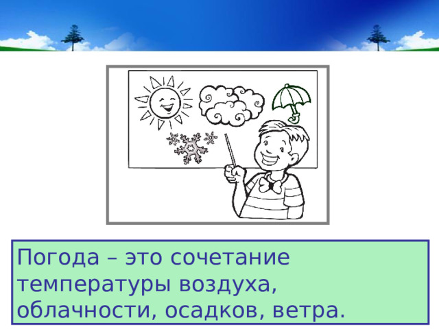 Погода – это сочетание температуры воздуха, облачности, осадков, ветра. 