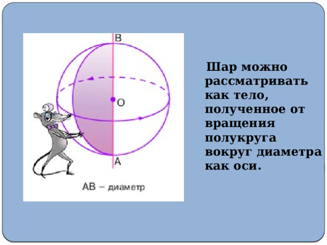  Шар можно рассматривать как тело, полученное от вращения полукруга вокруг диаметра как оси. 