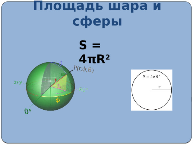 Площадь шара и сферы S = 4πR 2 