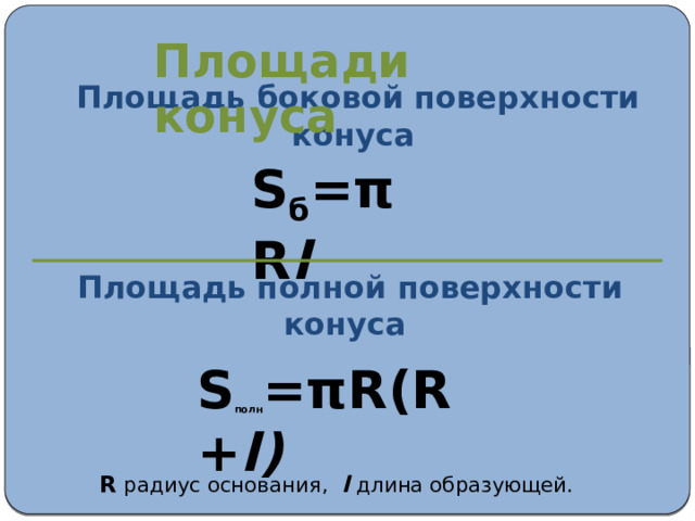 Площади конуса Площадь боковой поверхности конуса S б =πR l Площадь полной поверхности конуса S полн =πR(R+ l) R радиус основания,  l длина образующей. 