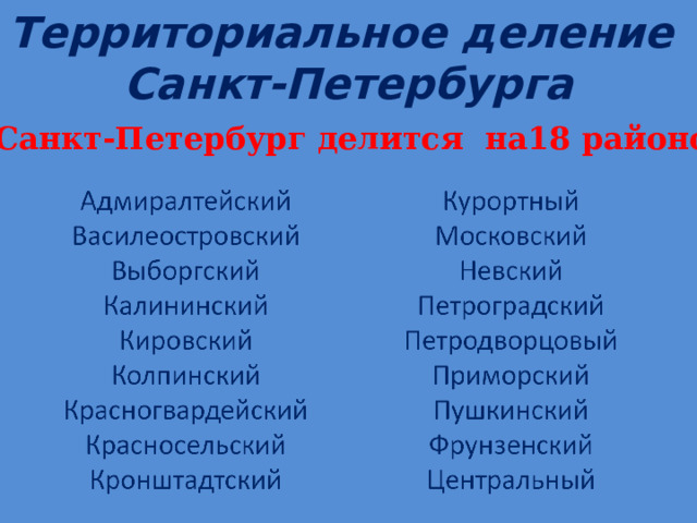 Территориальное деление  Санкт-Петербурга Санкт-Петербург делится на18 районов: 