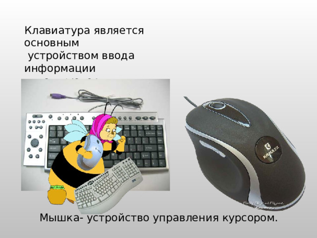 Клавиатура является основным  устройством ввода информации  в компьютер. Мышка- устройство управления курсором. 