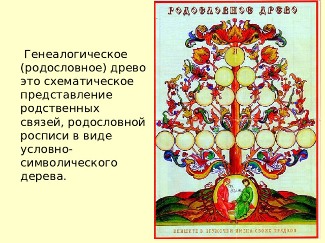  Генеалогическое (родословное) древо это схематическое представление родственных связей, родословной росписи в виде условно-символического дерева. 