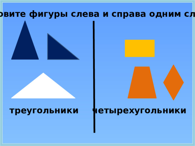 Назовите фигуры слева и справа одним словом  треугольники четырехугольники 