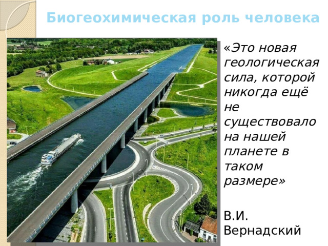 Биогеохимическая роль человека « Это новая геологическая сила, которой никогда ещё не существовало на нашей планете в таком размере» В.И. Вернадский 