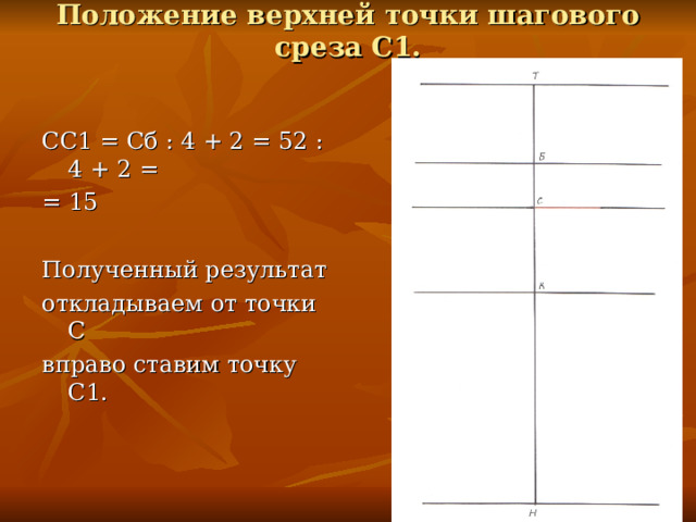 Положение верхней точки шагового среза С1. СС1 = Сб : 4 + 2 = 52 : 4 + 2 = = 15 Полученный результат откладываем от точки С вправо ставим точку С1. 