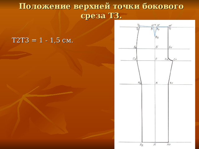 Положение верхней точки бокового среза Т3. Т2Т3 = 1 - 1,5 см. 