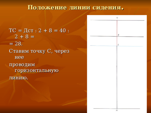 Положение линии сидения . ТС = Дст : 2 + 8 = 40 : 2 + 8 = = 28. Ставим точку С, через нее проводим горизонтальную линию. 