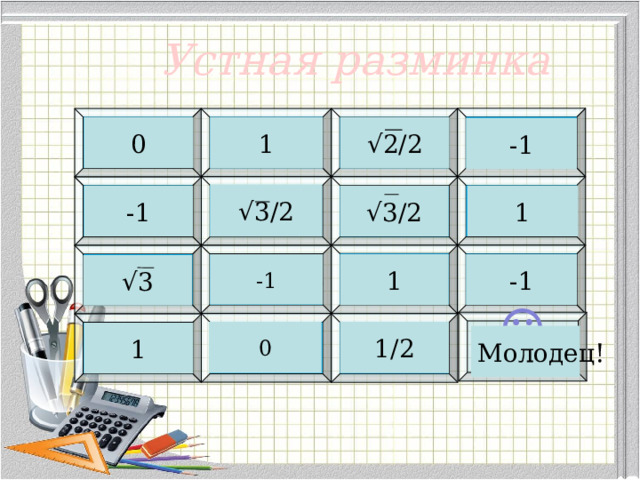 Устная разминка 4 1 2 3 sin90° cos90° cos180° √ 2/2 1 0 sin(π/4) -1 8 6 7 5 √ 3/2 sin(π/ 3) sin270° cos360° √ 3/2 1 -1 cos(π/6) 11 12 9 10 cos(2π) cos(‒π) ctg(π/6) 1 -1 -1 sin(3π/ 2) √ 3 ☺ 14 15 13 0 1/2 cos(-π/ 2) cos(π/3) tg(π/4) 1 Молодец! 