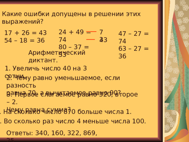 Какие ошибки допущены в решении этих выражений? 24 + 49 = 74 80 – 37 = 33 73 17 + 26 = 43 54 – 18 = 36 47 – 27 = 74 63 – 27 = 36 43 Арифметический диктант. 1. Увеличь число 40 на 3 сотни. 2. Чему равно уменьшаемое, если разность равна 70, а вычитаемое равно 90? 3. Первое слагаемое равно 320, второе – 2. Чему равна сумма? 4. На сколько число 870 больше числа 1. 5. Во сколько раз число 4 меньше числа 100. Ответы: 340, 160, 322, 869, 25 