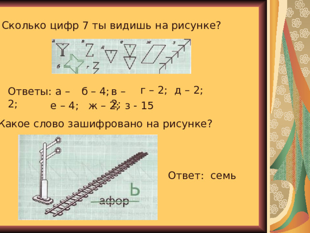 Сколько цифр 7 ты видишь на рисунке? г – 2; д – 2; Ответы: а – 2; б – 4; в – 2; е – 4; ж – 2; з - 15 Какое слово зашифровано на рисунке? Ответ: семь 
