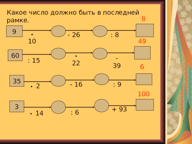 Какое число должно быть в последней рамке. 8 9 : 8 - 26 • 10 49 60 • 22 - 39 : 15 6 35 : 9 - 16 • 2 100 3 + 93 : 6 • 14 