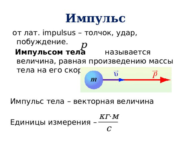 Импульс  от лат. impulsus – толчок, удар, побуждение.  Импульсом тела называется величина, равная произведению массы тела на его скорость Импульс тела – векторная величина Единицы измерения – 