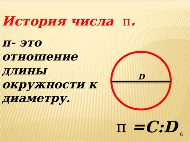 История числа π . π- это отношение длины окружности к диаметру. D π =C:D 6 