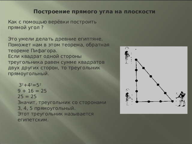 Построение прямого угла на плоскости Как с помощью верёвки построить прямой угол ? Это умели делать древние египтяне. Поможет нам в этом теорема, обратная теореме Пифагора. Если квадрат одной стороны треугольника равен сумме квадратов двух других сторон, то треугольник прямоугольный.  3 2 +4 2 =5 2 9 + 16 = 25 25 = 25 Значит, треугольник со сторонами 3, 4, 5 прямоугольный. Этот треугольник называется египетским. 9 + 16 = 25 25 = 25 Значит, треугольник со сторонами 3, 4, 5 прямоугольный. Этот треугольник называется египетским. 