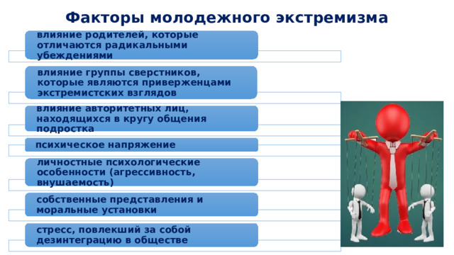 Факторы молодежного экстремизма влияние родителей, которые отличаются радикальными убеждениями влияние группы сверстников, которые являются приверженцами экстремистских взглядов влияние авторитетных лиц, находящихся в кругу общения подростка психическое напряжение личностные психологические особенности (агрессивность, внушаемость) собственные представления и моральные установки стресс, повлекший за собой дезинтеграцию в обществе 