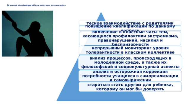  Основные направления работы классного руководителя   тесное взаимодействие с родителями повышение квалификации по данному вопросу включение в классные часы тем, касающихся профилактики экстремизма,  правонарушений, насилия и беспризорности непрерывный мониторинг уровня толерантности в классном коллективе анализ процессов, происходящих в молодежной среде, а также их философский и социокультурный аспекты анализ и осторожная коррекция потребности учащихся в самореализации и самовыражении стараться стать другом для ребенка, которому он мог бы доверять 