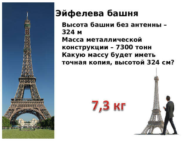 Эйфелева башня Высота башни без антенны – 324 м Масса металлической конструкции – 7300 тонн Какую массу будет иметь точная копия, высотой 324 см? 
