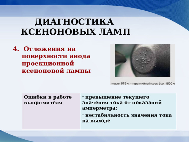 ДИАГНОСТИКА КСЕНОНОВЫХ ЛАМП 4. Отложения на поверхности анода проекционной ксеноновой лампы Ошибки в работе выпрямителя превышение текущего значения тока от показаний амперметра; нестабильность значения тока на выходе 