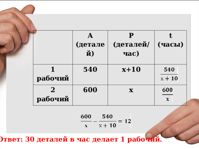 1 рабочий А (деталей) Р (деталей/час) 540 2 рабочий t ( часы ) х+10  600 х  Ответ: 30 деталей в час делает 1 рабочий. 