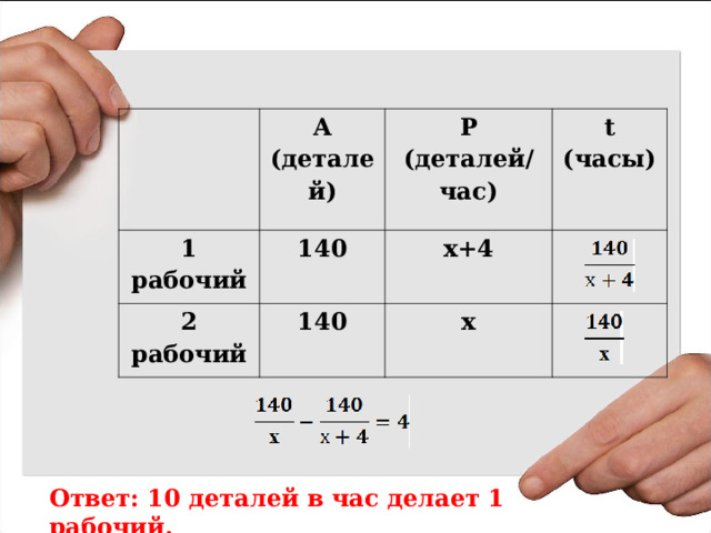 А (деталей) 1 рабочий Р (деталей/час) 140 2 рабочий t ( часы ) х+4  140 х  Ответ: 10 деталей в час делает 1 рабочий. 
