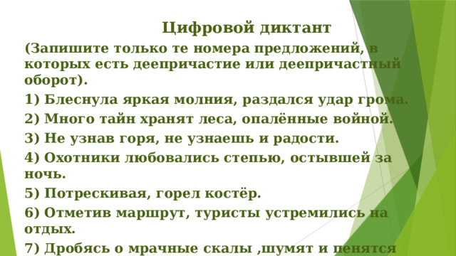 Блеснула яркая молния раздался удар грома. Много тайн хранят леса опаленные войной деепричастный оборот. Много тайн хранят леса опаленные войной причастный оборот. Не узнав горя не узнаешь и радости деепричастный оборот. Раздался удар грома и полил дождь знаки препинания.